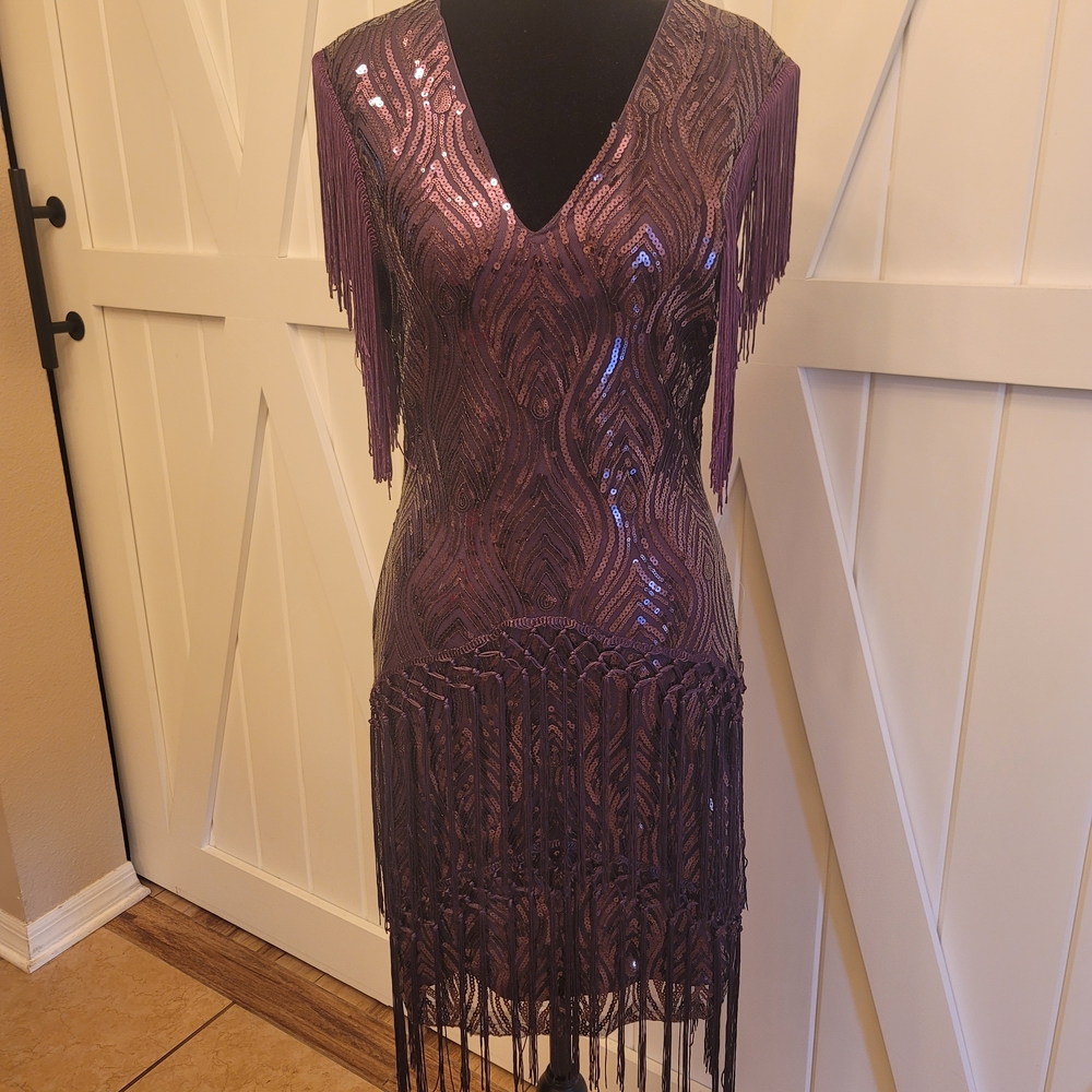 Fringed Sequin V-Neck Wedding Guest Dress in Plum